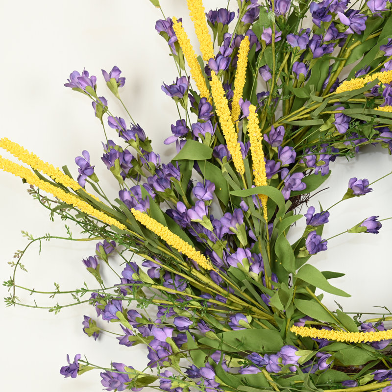 Couronne florale artificielle 24 po pour la porte d'entrée, Mauve / jaune