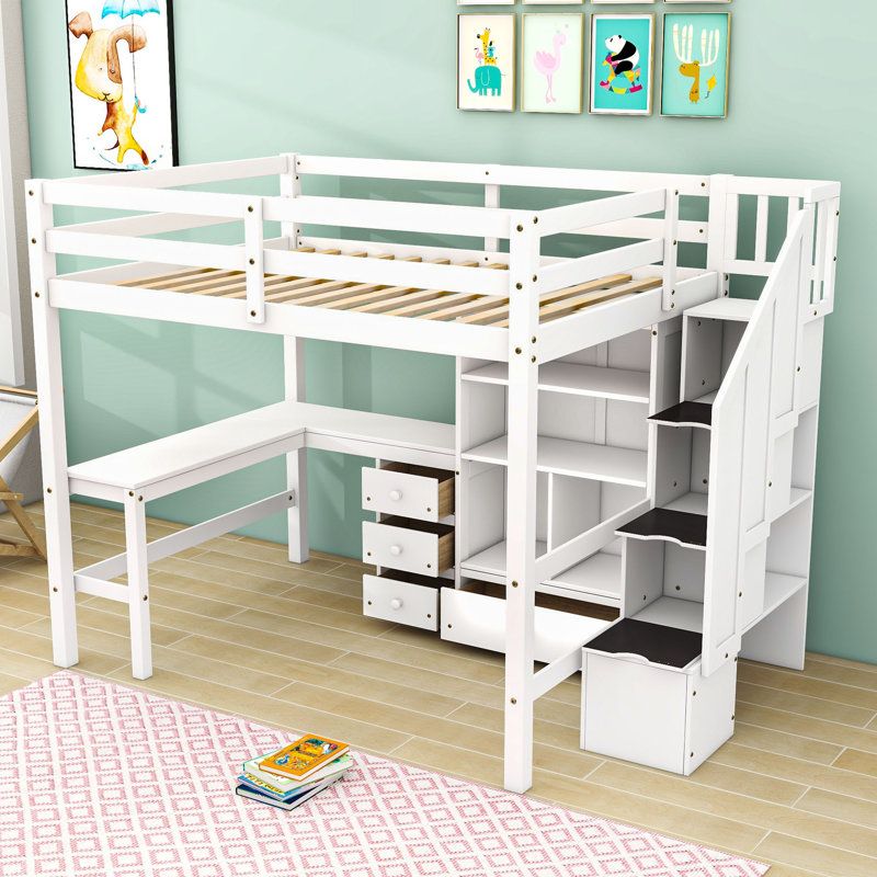 Full-Size Loft Bed With L-Shaped Desk, Storage Staircase, And Drawers, White
