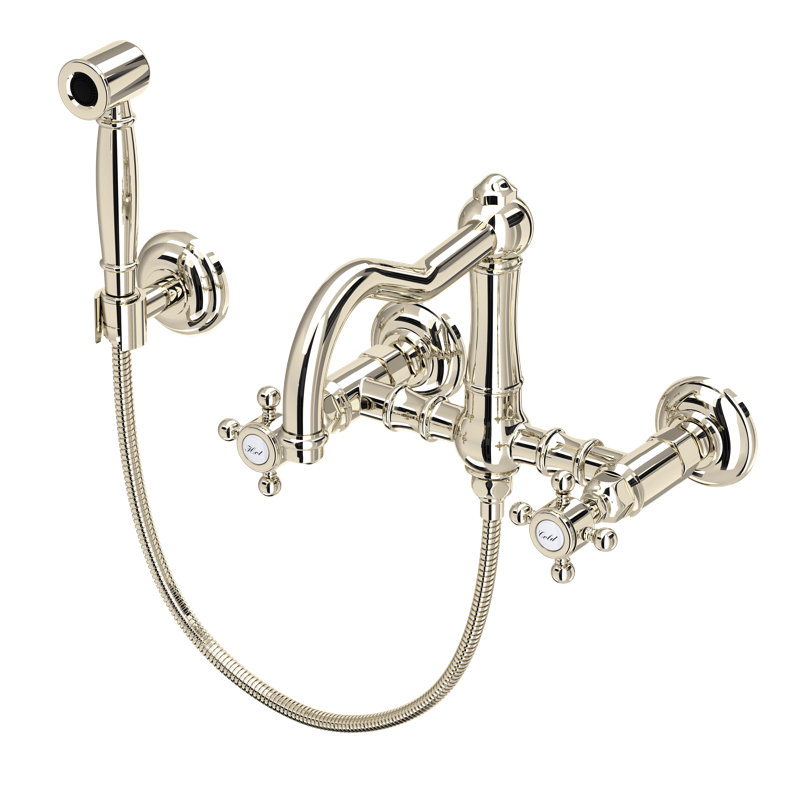 Acqui Wall Mount Bridge Kitchen Faucet With Sidespray And Column Spout, Polished Nickel, Cross Handle
