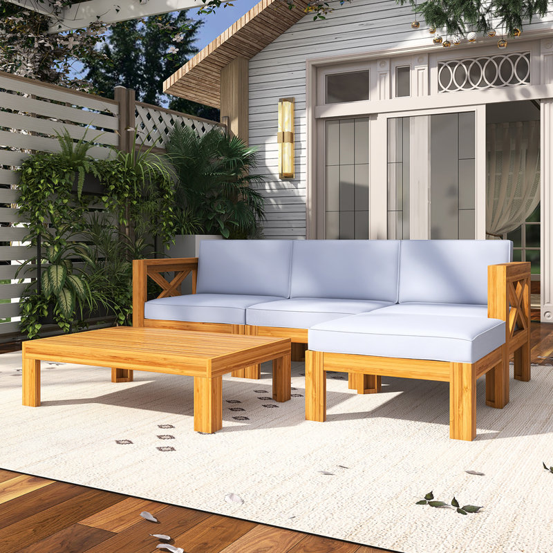 Ensemble de canapé modulaire d'extérieur en bois 5 pièces avec coussins et table basse, Gris