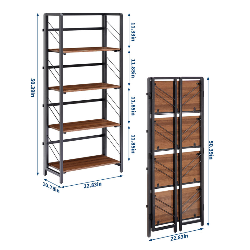 4-Tier Folding Bookshelf with No Assembly, Industrial Style Bookcase with Metal Frame and Brown Wood Shelves, Space-Saving Storage Rack