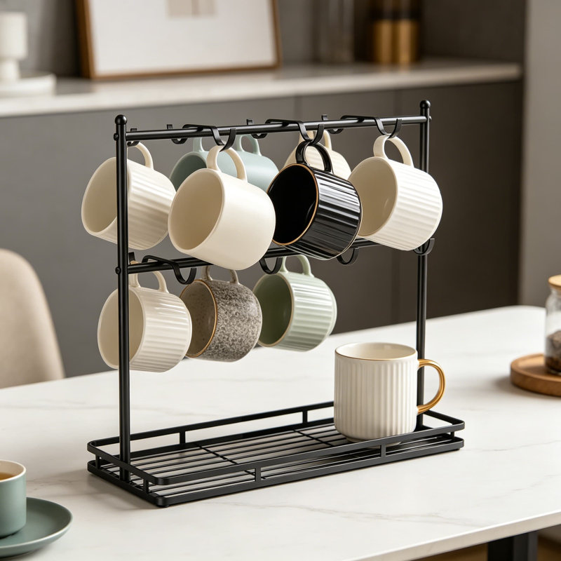 Porte-gobelet à café pour comptoir, porte-gobelet à 14 crochets pour porte-gobelet pour 14 tasses, présentoir à tasses à 2 niveaux avec base en métal robuste
