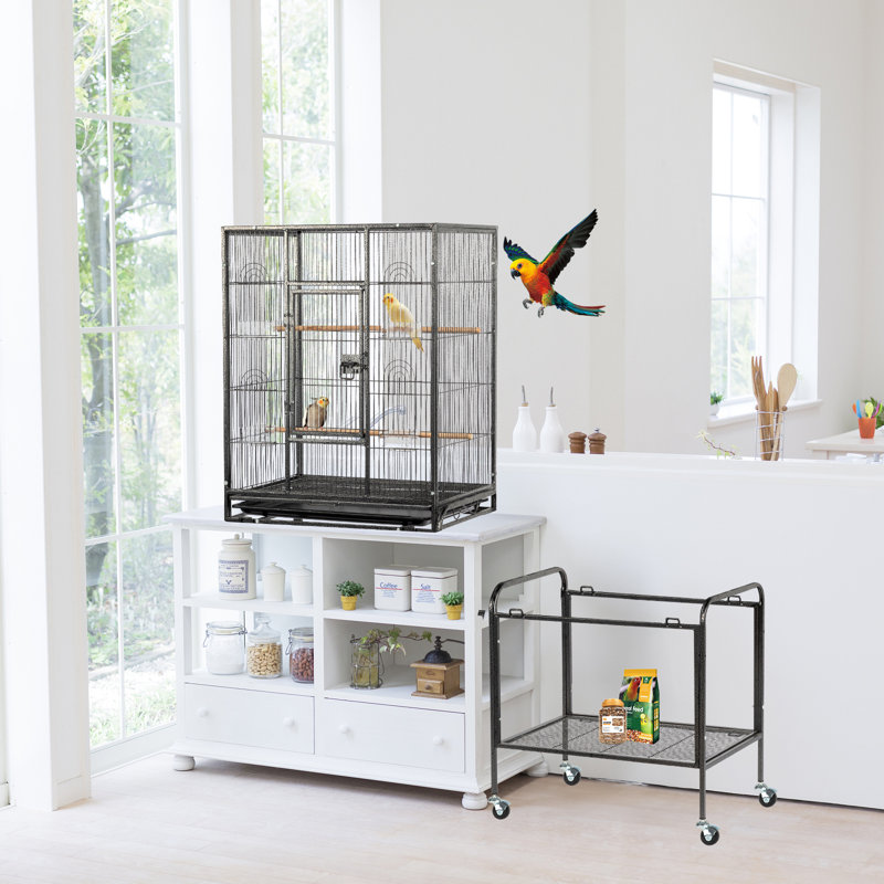 53" Black Iron Flight Bird Cage with Rolling Stand and Storage Shelf