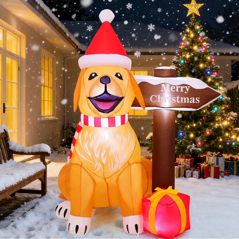 5 FT Christmas Inflatable Dog Standing by “Merry Christmas” Sign with Gift Box & Built-in LED Lights