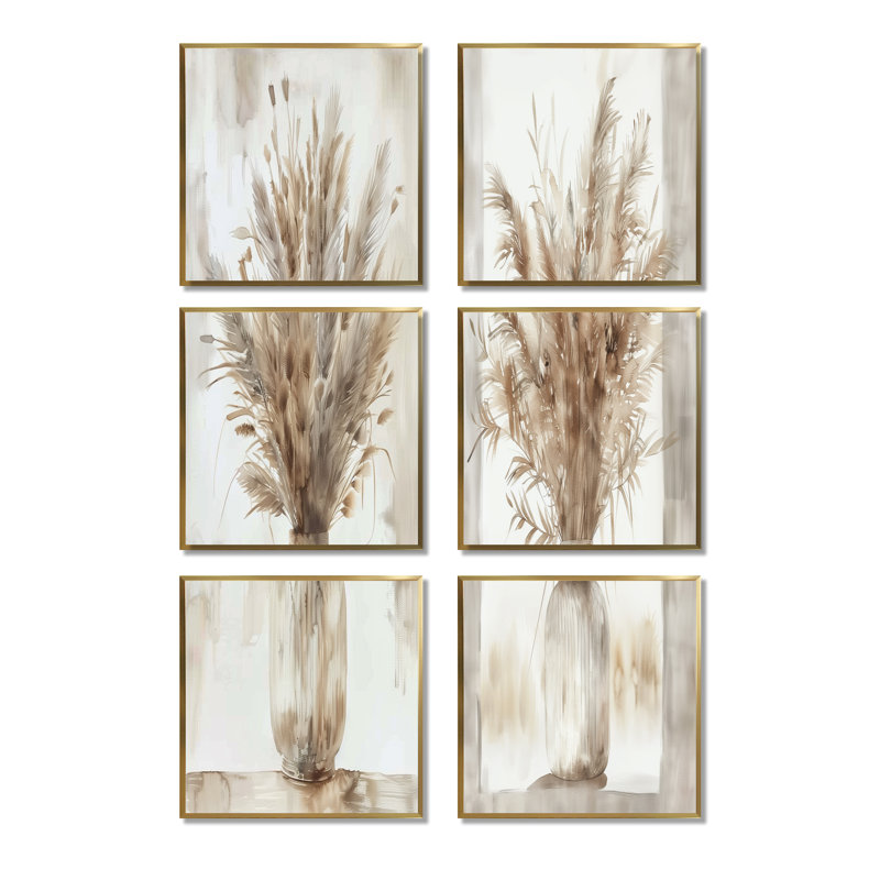 Beige blanc Boho plante chic - ensemble de 6 impressions sur toile plumes bohème, Impression encadrée sans passe-partout