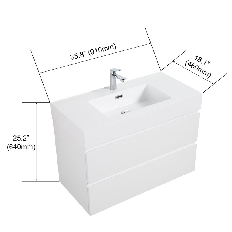 Bassin intégré en surface solide blanc brillant sans robinet ni drainage pour le projet de rénovation de salle de bain, 36"