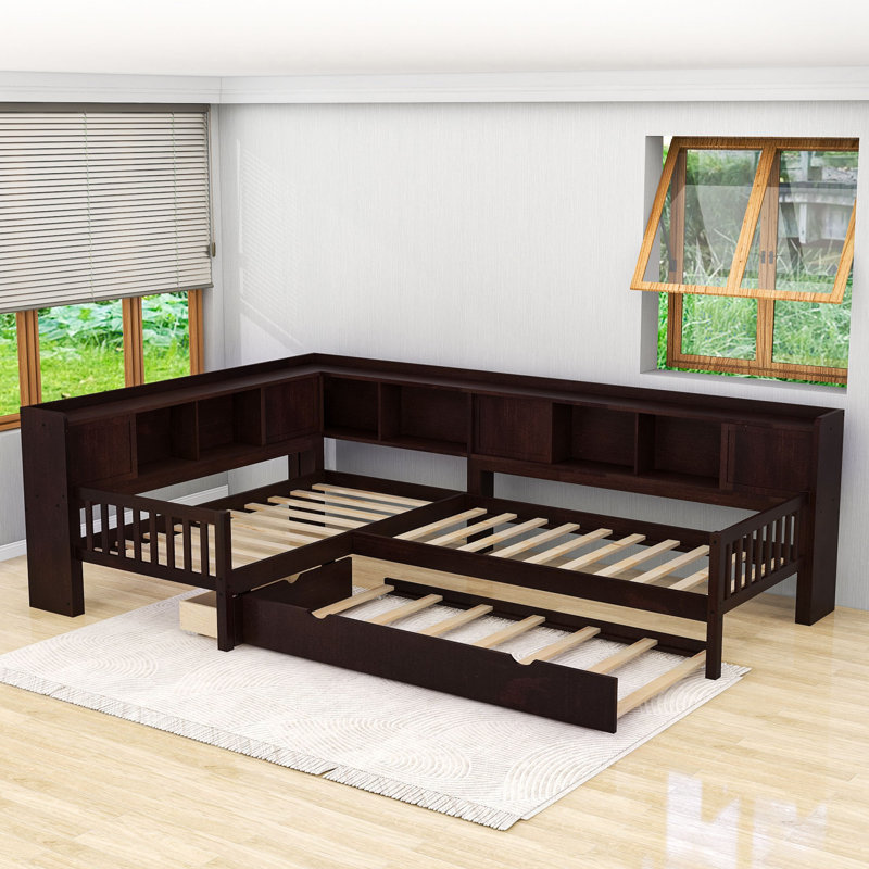 Twin Wooden L-Shaped Platform Bed with Trundle, Built-In Storage Drawers and Shelves, Espresso