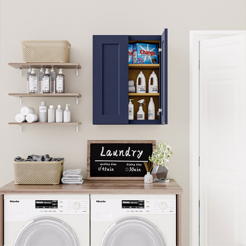 Armoire murale en bois massif bleu marine Shaker de 24 po, charnières à fermeture douce, tablettes réglables, porte double pour cuisine, salle de bain, buanderie, l 24 po x P 12 po x H 30 po