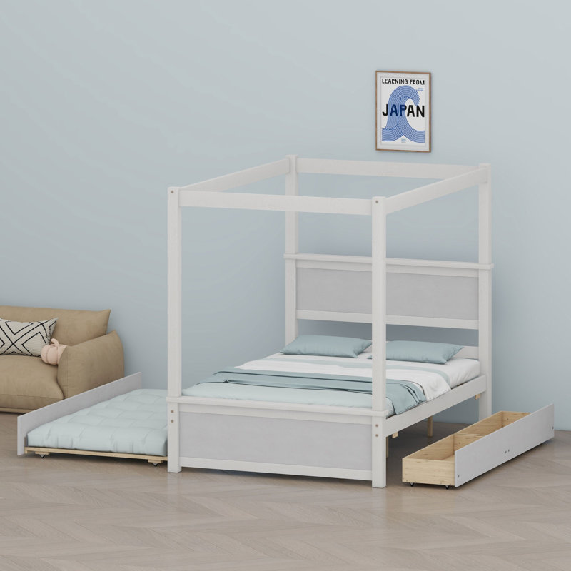 Le lit plateforme à baldaquin avec lit gigogne et tiroirs offre un rangement peu encombrant et un style moderne personnalisable