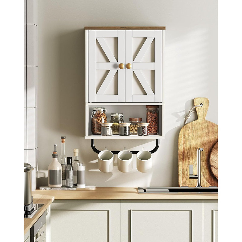 Armoire murale de salle de bain - Armoire à pharmacie rustique avec cloison ouverte et barre à serviettes, armoire de rangement murale avec compartiments ouverts et cachés pour la salle de bain, le salon et la cuisine (blanc et noyer)