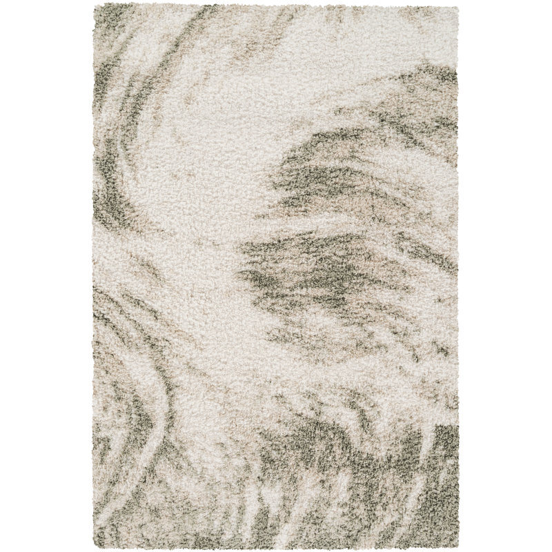 Serene Ivory & Green Abstract Shag Modern Rug, Ivory/Green, 7'8" x 10'2"