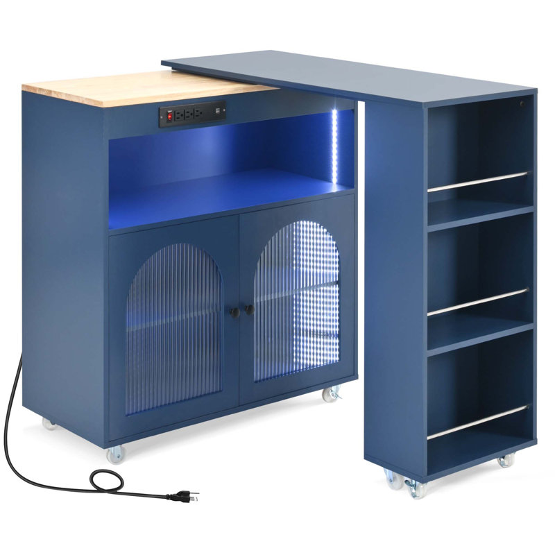 Îlot de cuisine roulant avec table allongée, îlot de cuisine sur roulettes avec lumières DEL, prises de courant et 2 portes en verre cannelé, îlot de cuisine avec compartiment de rangement et 3 tablettes latérales ouvertes