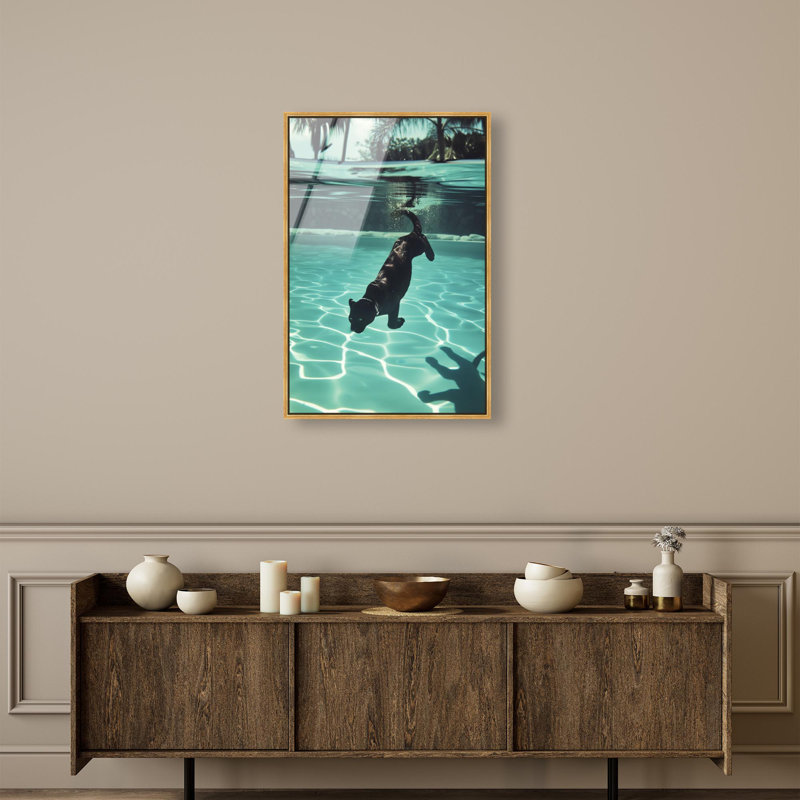 Oliver Gal Panther Swim Animals - Framed Acrylic Glass Wall Art, 24" H x 16" W, Gold