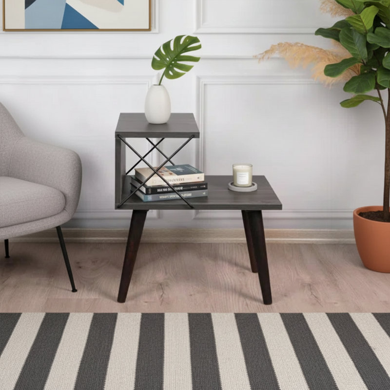 Table de chevet avec 4 pieds en hêtre et tablettes en métal, Noir