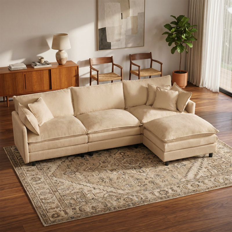 Canapé modulaire, avec repose-pieds amovible, ensemble de canapé de salon en L, canapé confortable «Cloud», structure en panneau de fibres à densité moyenne revêtu de tissu chenille, style Mid-Century moderne, kaki