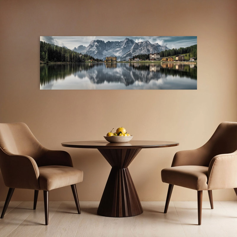 «Alpine Lake Village Reflections Peaceful Serene Tranquil Forest Landscape», art mural, H 48 po x l 16 po