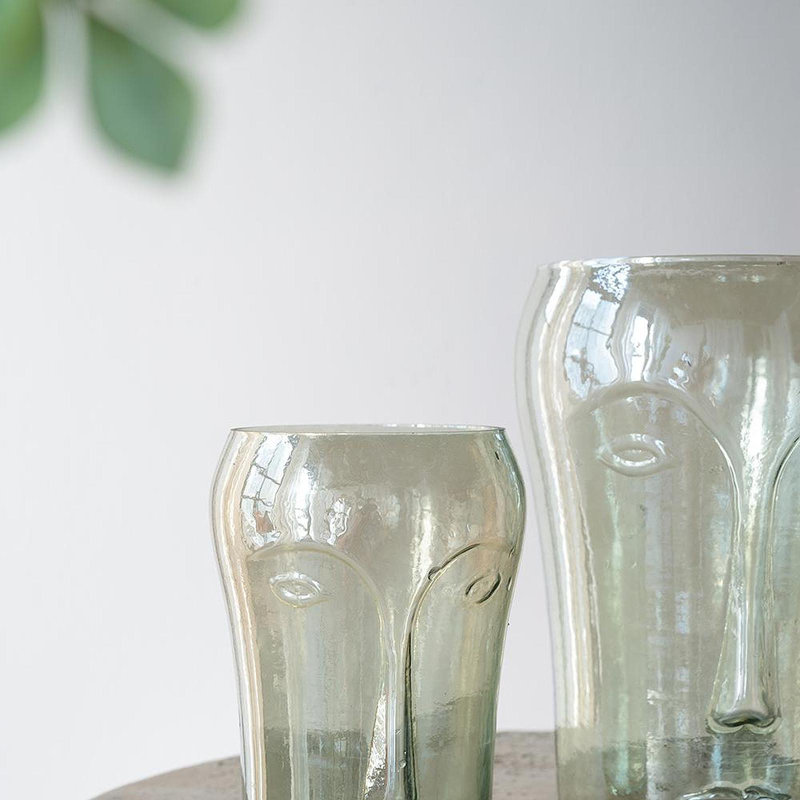 S/2 Decorative Green Glass Vases With Face Motifs