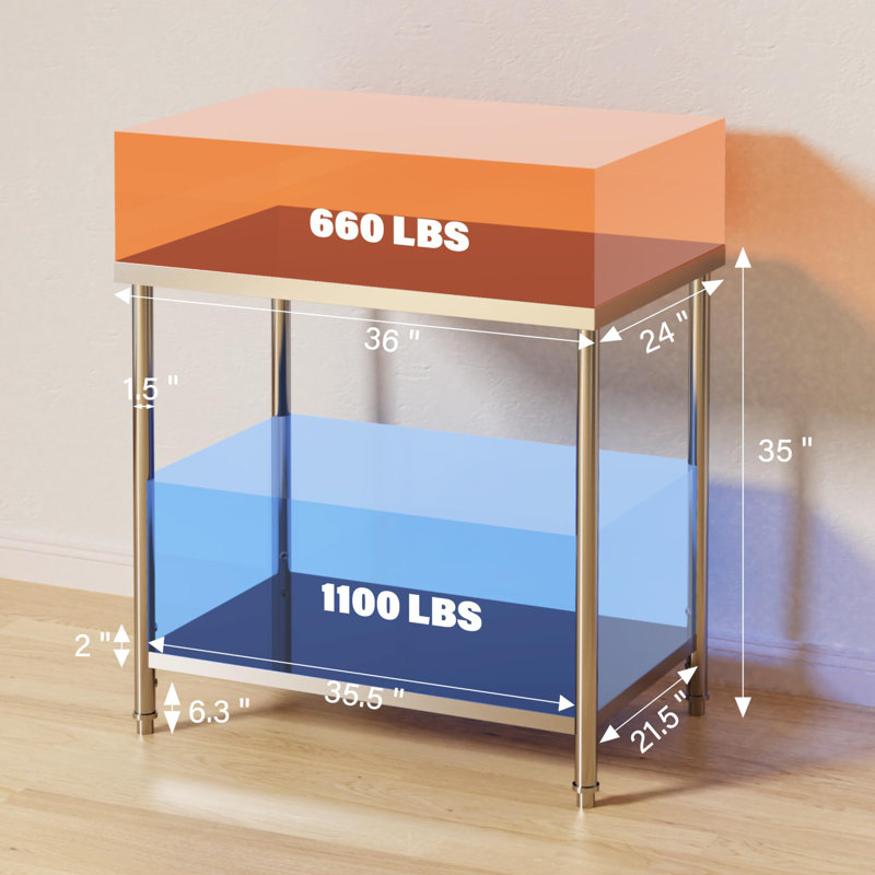 Table de travail commerciale robuste à 2 niveaux en acier inoxydable - tablette réglable, certifiée NSF, idéale pour le restaurant, la cuisine, le garage, l'atelier - argent, sans roulettes, 36 po x 24 po x 35 po
