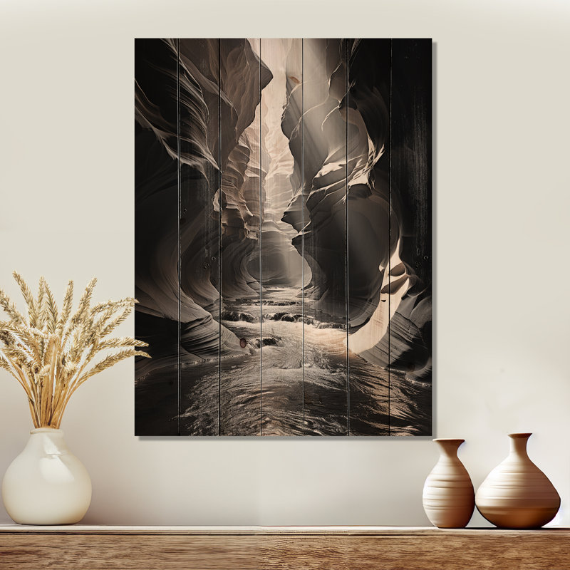 «Black and White Canyon Calm», art mural bois de pin sur bois de pin naturel, H 20 po x l 10 po