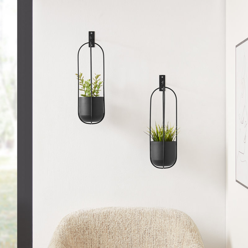 Modern Black Metal Oval Wall Hanging Planter Set