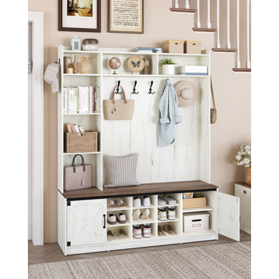Arbre d'entrée, banc de ferme 6-en-1 avec banc de rangement pour chaussures et porte-manteau, mobilier de hall d'entrée avec 15 casiers et 5 crochets à trois crochets, rangement pour chaussures réglable