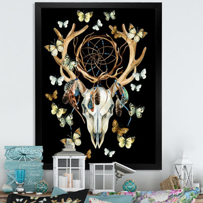 Crâne de cerf avec papillons - reproduction d'art sur toile traditionnelle