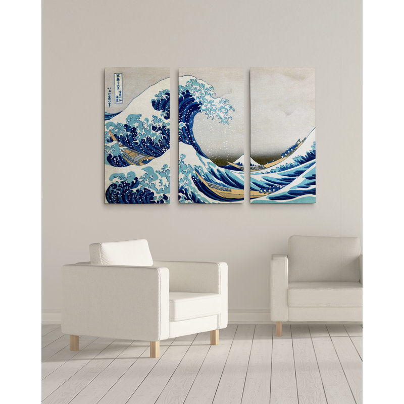 «The Great Wave» par Katsushika Hokusai, reproduction d'art graphique sur toile 3 pièces, H 40 po x l 60 po x P 1,5 po