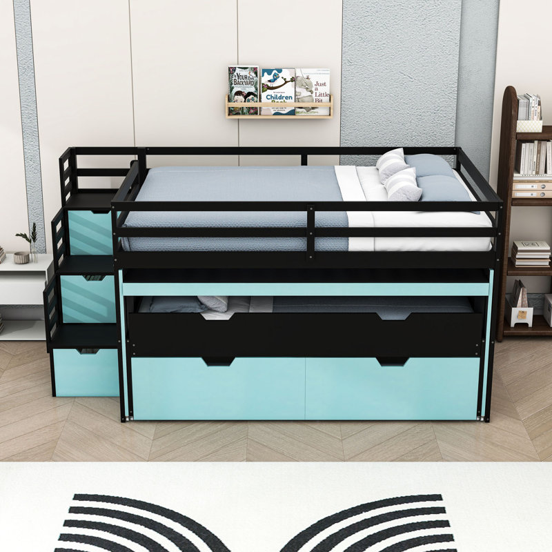 Lit mezzanine en bois avec bureau, lit gigogne et tiroirs de rangement, Full XL, Black Blue