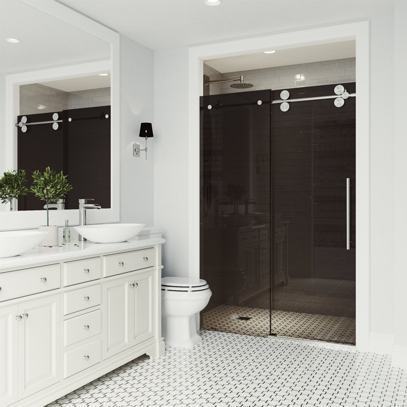 Elan 68-72" W x 74" H Sliding Frameless Shower Door with 3/8" Tinted Glass, Stainless Steel