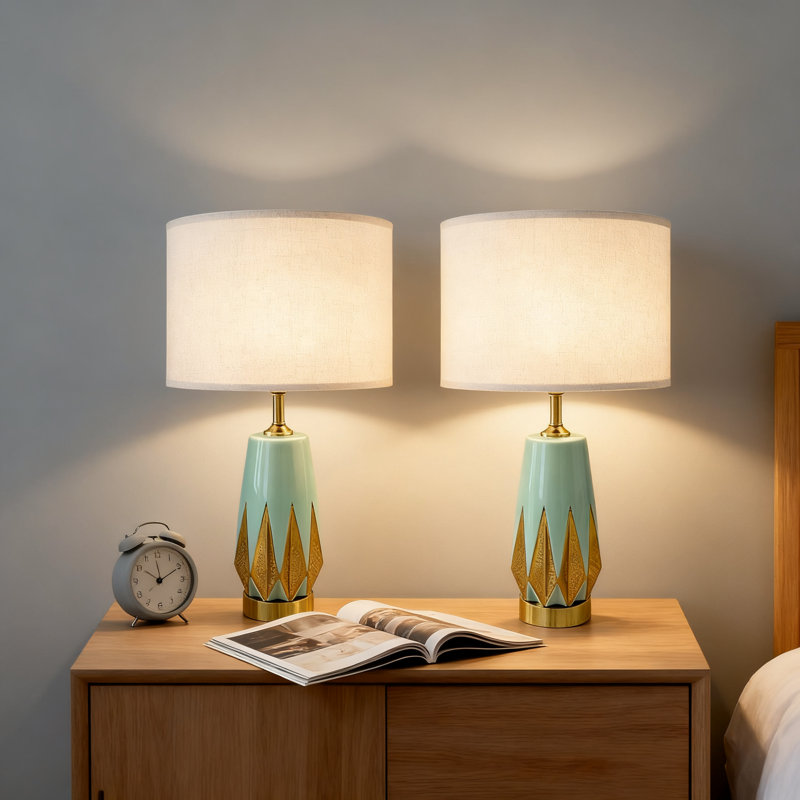 Ensemble de 2 lampes de table modernes en céramique avec motif géométrique et abat-jour tambour