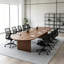 Ensemble de table de conférence ovale moderne en bois massif noyer, comprenant 8 chaises de bureau ergonomiques en filet avec roulettes-1211423540