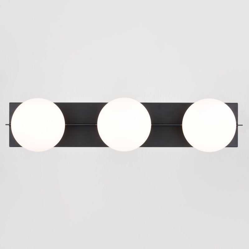 Kristan 3-Light 24 inch Wide Matte Black Mid-Century Modern Bathroom Vanity Lighting Fixture, Frosted Opal Glass Shade, Dimmable LED Compatible, Over the Mirror Wall Mounted Full Backplate