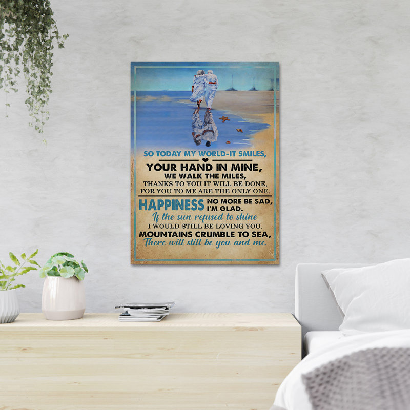 «Old Couple On Beach - So Today My World It Smiles», reproduction d'art graphique sur toile tendue