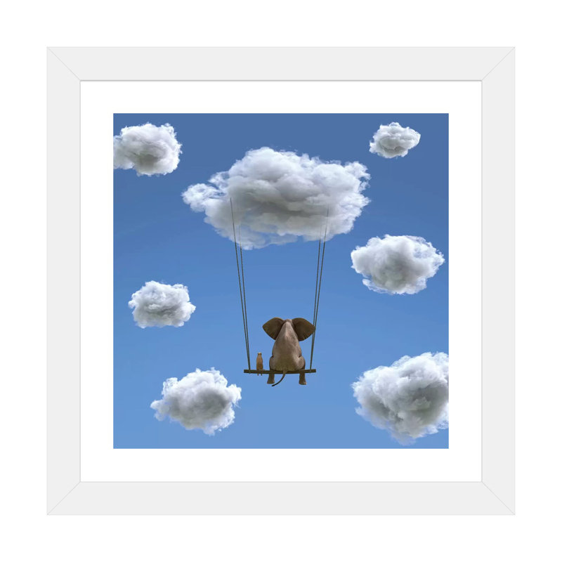 «Elephant and Dog Are Flying on a Cloud II» par Mike Kyiv - Reproduction d'art graphique, Papier blanc, Blanc