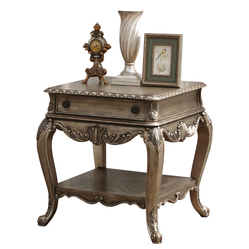 Charmante table de bout en chêne rétro avec tiroir doublé de feutre et tablette supplémentaire