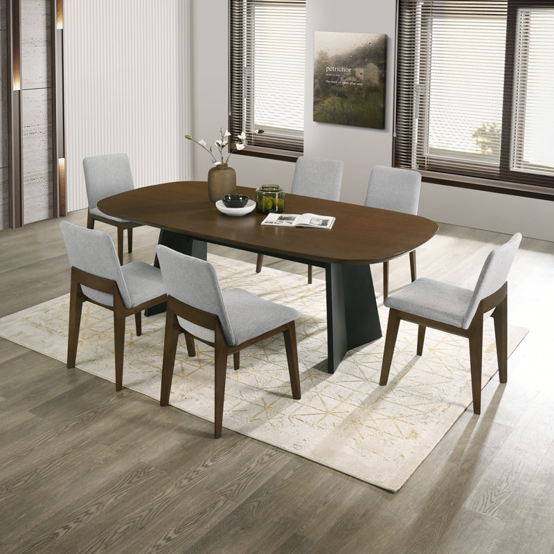 7-Piece Industrial-Modern Dining Set, Seats 6, 82.7" Oak Table, Black Metal Base & 6 Grey Tall-Back Chairs