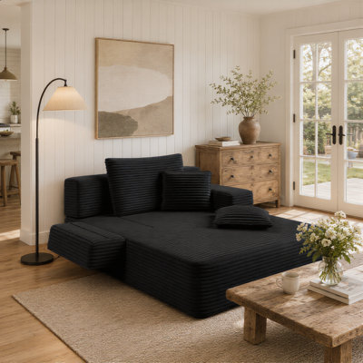 Oversized Plush Corduroy Chaise Lounge Sofa Bed (Dorn Model): Convertible sleeper couch with storage pockets, comes with 3 soft pillows.