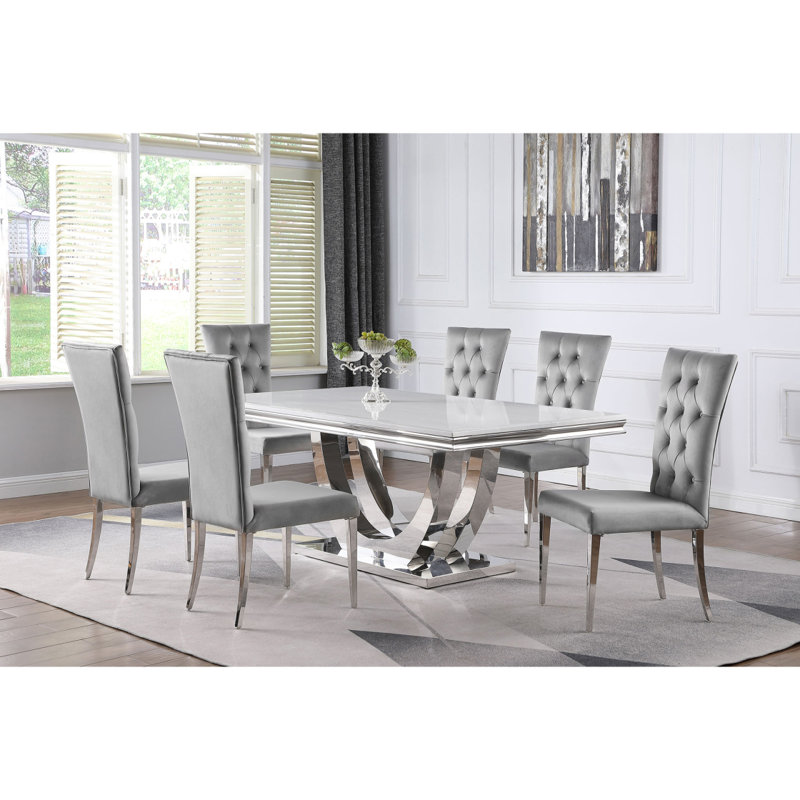 Ensemble de table de salle à manger 7 pièces Kerwin, 7 pièces : table, 6 chaises, Gris/argent