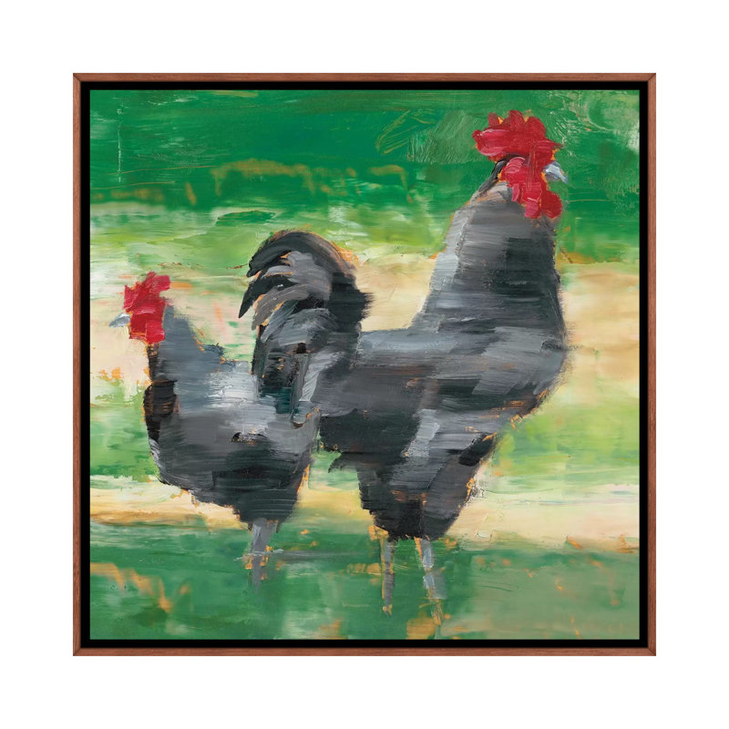 «Black Rooster & Hen I» par Ethan Harper - reproduction d'art, H 18 po x l 18 po x 1,5 po, Toile avec cadre en bois classique