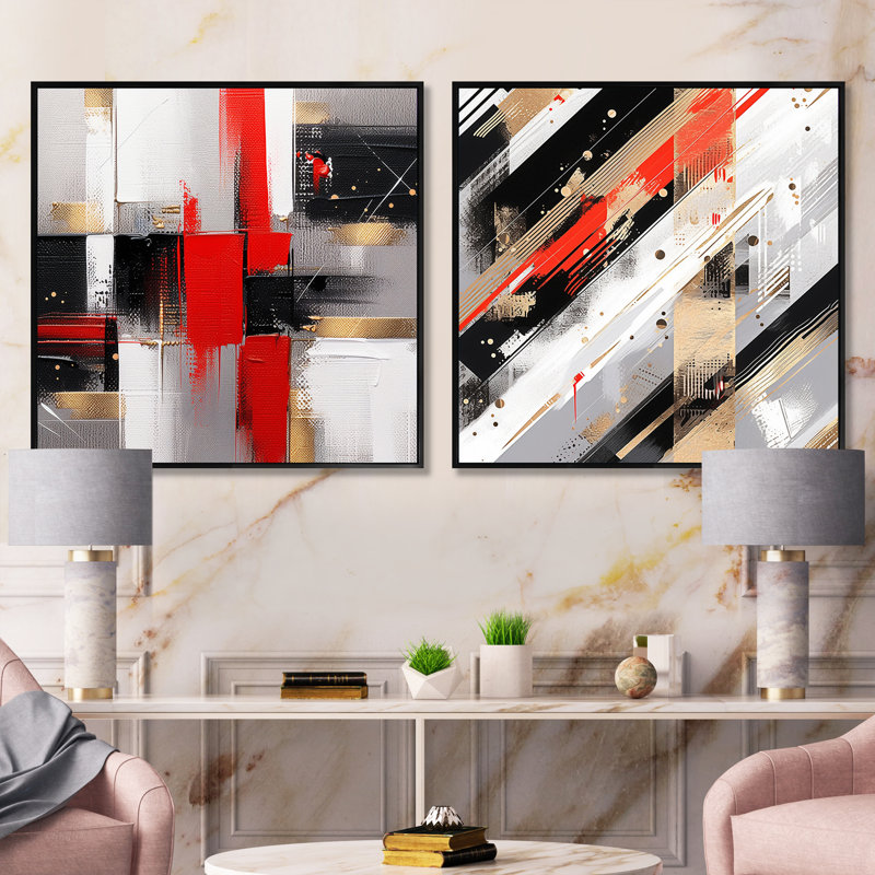 Rayures roses et noires audacieuses - ensemble de 2 collages abstraits carrés, Cadre flottant noir, H 16 po x l 33 po