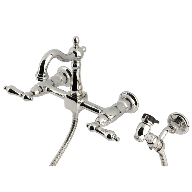 Kingston Brass Heritage Double-Handle 3-Hole Wall-Mount Bridge Kitchen Faucet with Brass Sprayer, Nickel