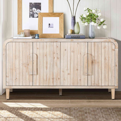 Farmhouse Curved Vintage Storage Sideboard with Large Wooden Handles, Vertical Wood Grain Carving and Adjustable Shelves