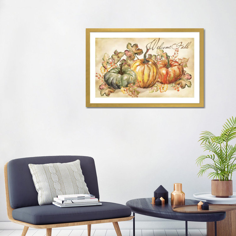 «Watercolor Harvest Welcome Fall» par Tre Sorelle Studios - impression, H 24 po x l 32 po x P 1 po, Papier encadré doré