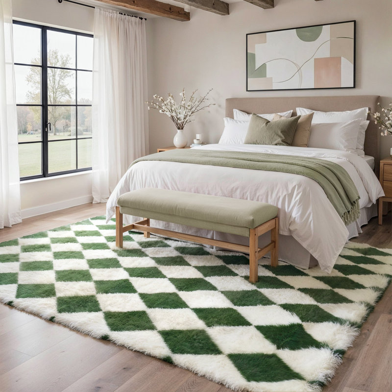 Machine-Washable Checkered Shag Area Rug, Green/White, Rectangle 240 x 300 cm