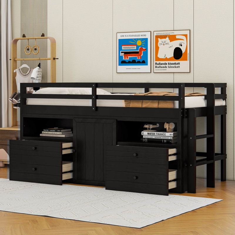 Twin Size Loft Bed with 4 Drawers, Underneath Cabinet and Shelves, Espresso