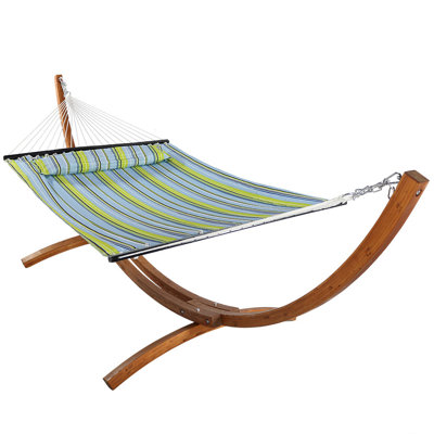 West Hewish 2-Person Polyester Spreader Bar Hammock with 13' Curved Wood Stand - Blue/Green