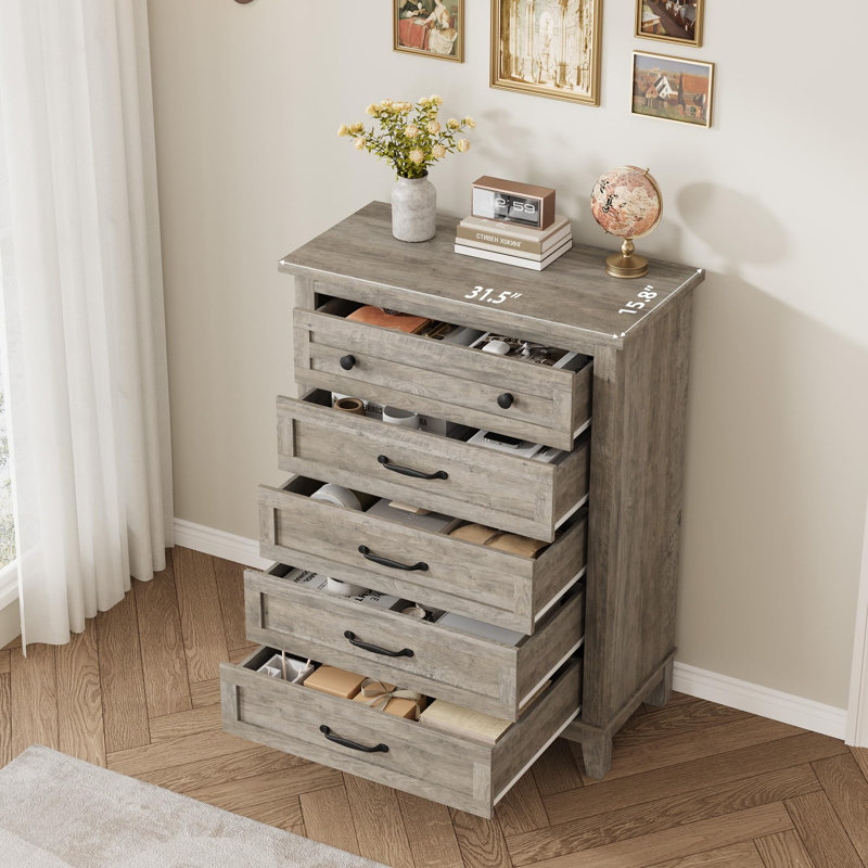 Commode 5 tiroirs pour chambre à coucher, commode verticale de 41,3 po de hauteur avec grand rangement, commode autoportante en bois pour chambre à coucher, salon
