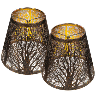 Ensemble de 2 abat-jour à petite ampoule à pince, abat-jour tonneau en métal pour remplacement de lampe sur pied de lustre de table, 4 po de haut x 7 po de bas x 6 po de haut, motif d'arbre de forêt bronze doré