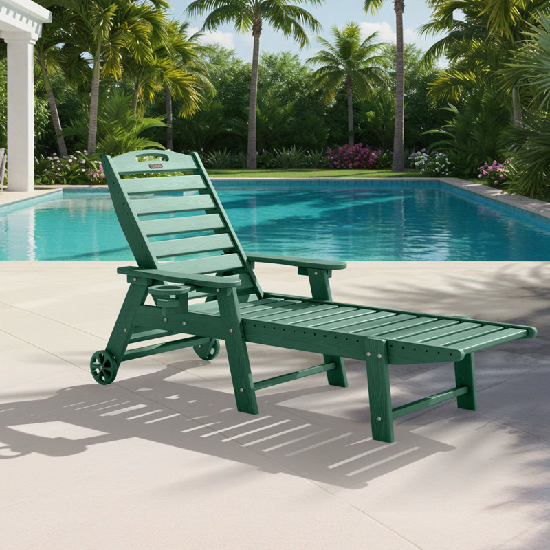 Wood Texture Lounge Chaise Outdoor Pool Lounge Chair Swimming Reclining Outdoor Chaise Lounge With Wheels, Green