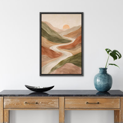 «Modern Abstract Desert Hills and Winding River Landscape», art mural encadré sur toile